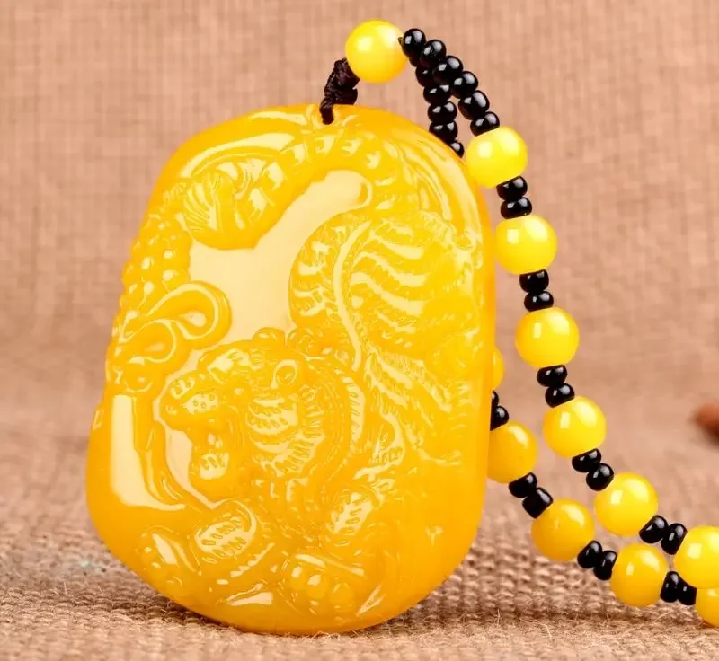 Chinese Yellow Jade Zodiac Tiger Pendant Necklace Charm Jewellery Fashion Accessories Hand-Carved Man Woman Luck Amulet New