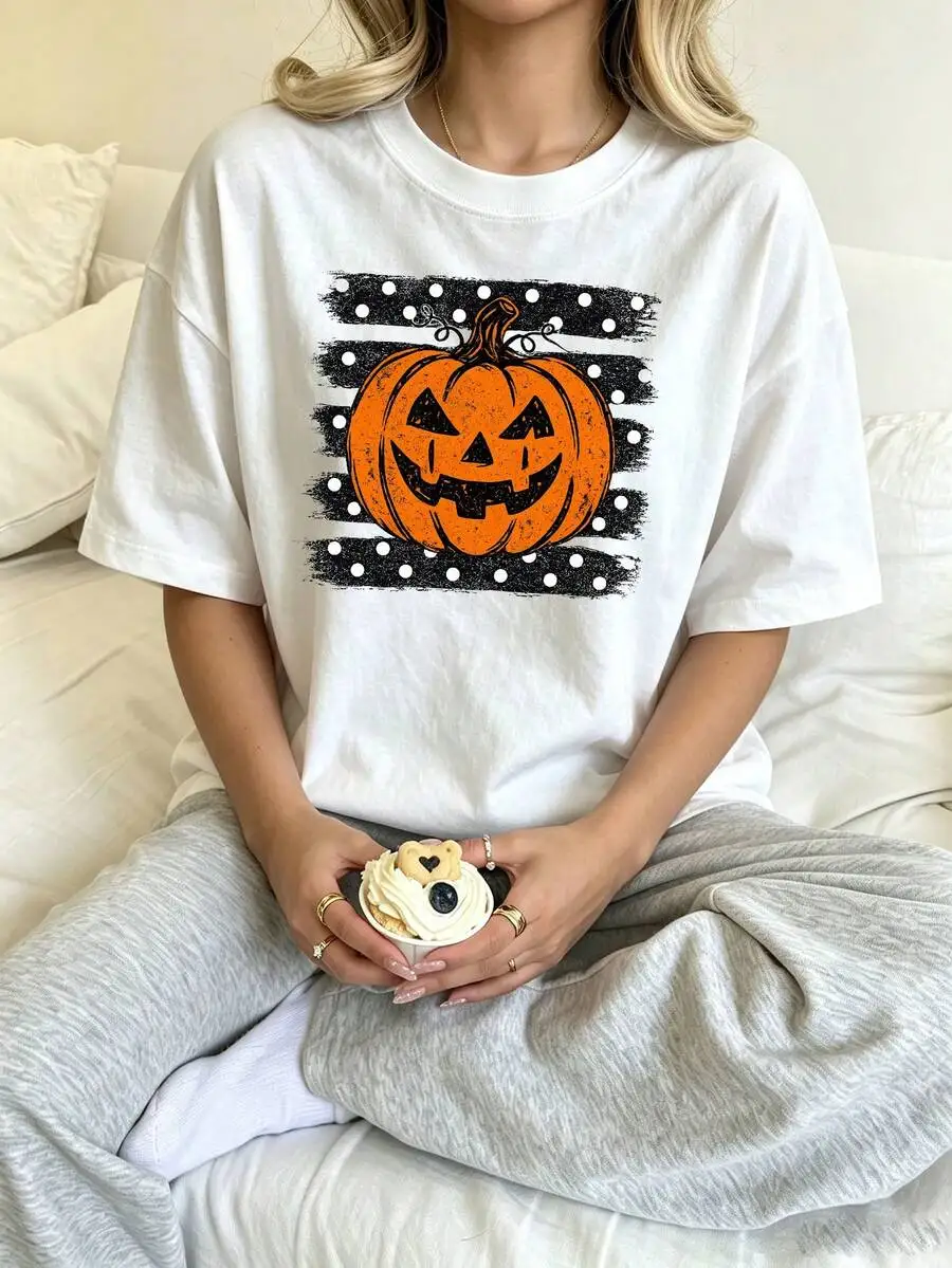 Women's Halloween Jack O Lantern Vintage Distressed Stripes Polka Dot Print Casual Short Sleeve Crew Neck Graphic T‑Shirt Tee Top