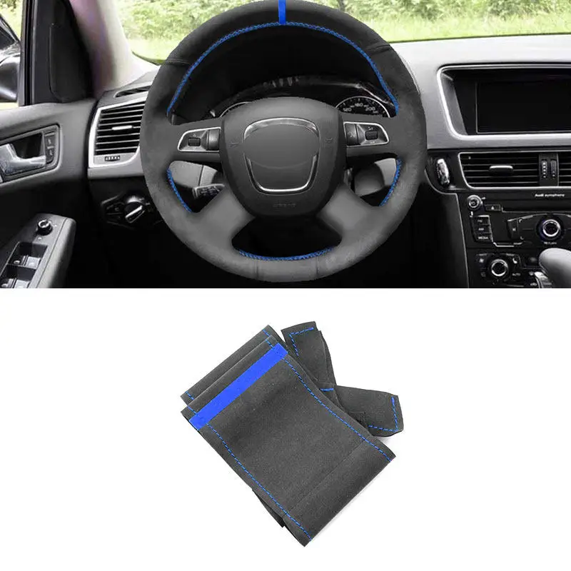 For Audi A3 8P A4 B7 B8 A5 8T A6 C6 A8 D3 Q5 8R Q7 4L 4-Spoke w button Car Steering Wheel Cover Suede Leather Trim blue line bar