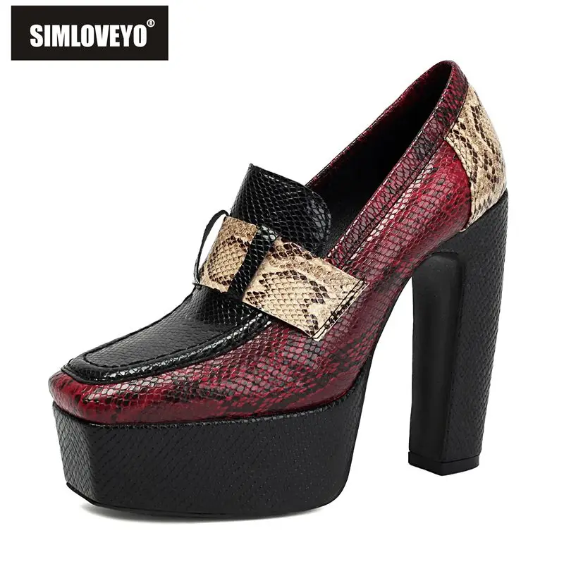 SIMLOVEYO Red Women Pumps Square Toe 13.5cm Chunky Heel 4.5cm Platform Slip On Mixed Color Big Size 41 42 43 Sexy Dating Shoes