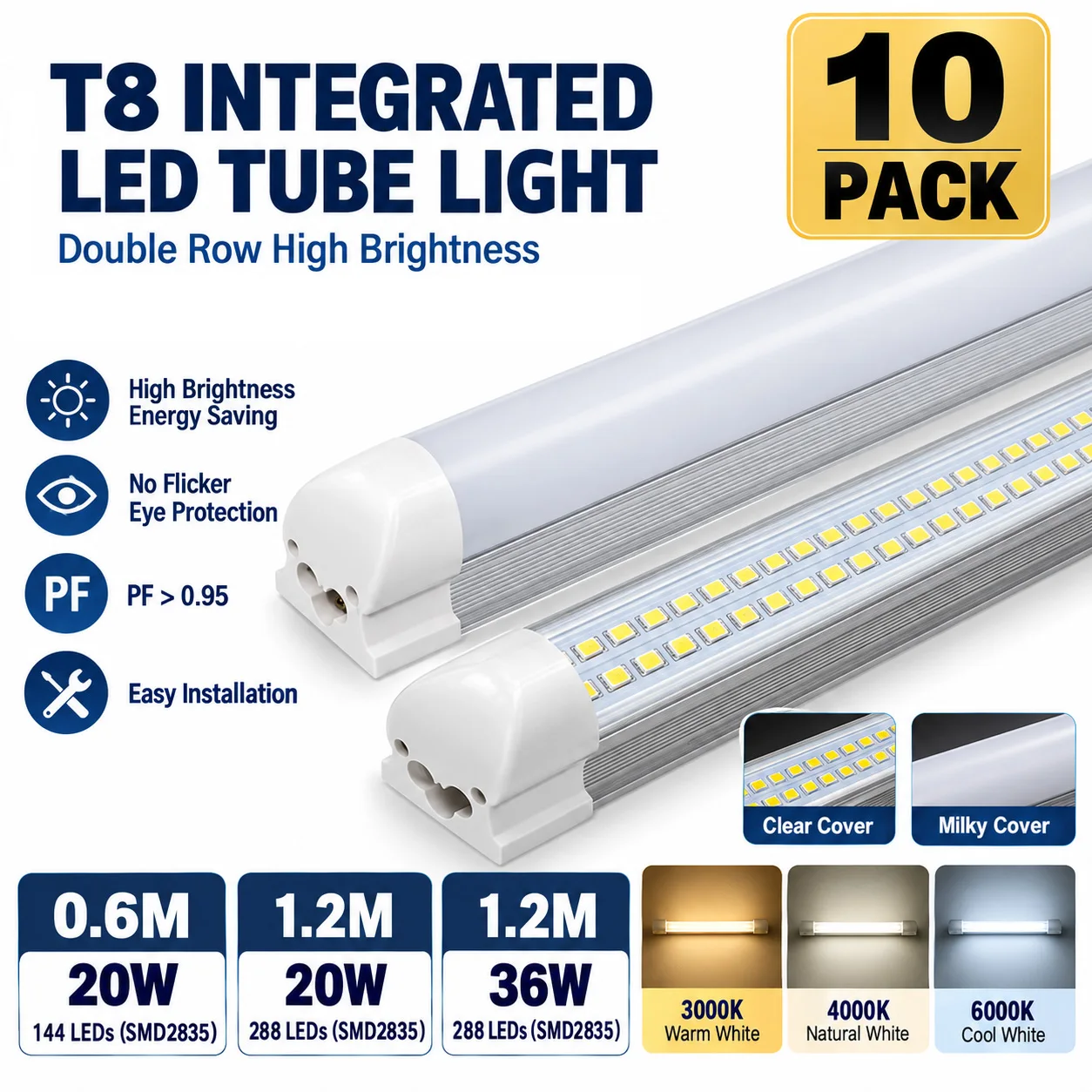 10Pack LED T8 Integrated Tube Light 2FT 4FT 10W 20W 36W Dual Row SMD Clear Milky Cover Garage Workshop Ceiling LED Batten Lamp