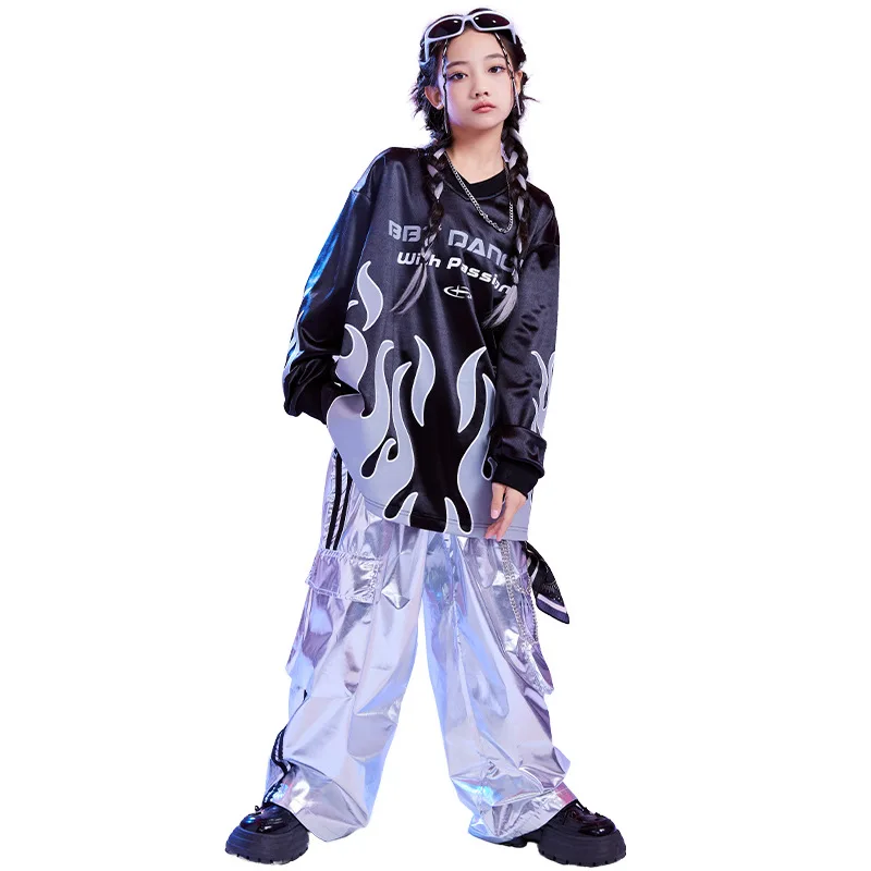 Sweat-shirt à Flamme Noire et Argentée pour Fille et Garçon, Pantalon Cargo Large Décontracté, Vêtements de brevJazz, Costume Hip Hop Cool pour Enfant