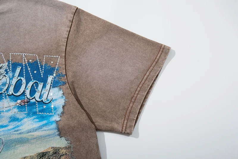 Desert Cupid Horse Grafik-T-Shirt für Herren, Vintage Washed Strass-T-Shirt, lässige Oversize-Baumwoll-Distressed-Tops, Streetwear – Detail 11