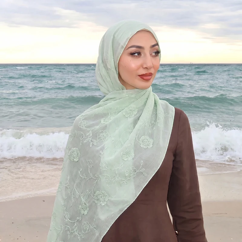Floral Embroidery Muslim Hijab Sheer Scarf Soft Lightweight Headscarf for Women Daily Modest Wear Islamic Head Wrap Accessory view 5