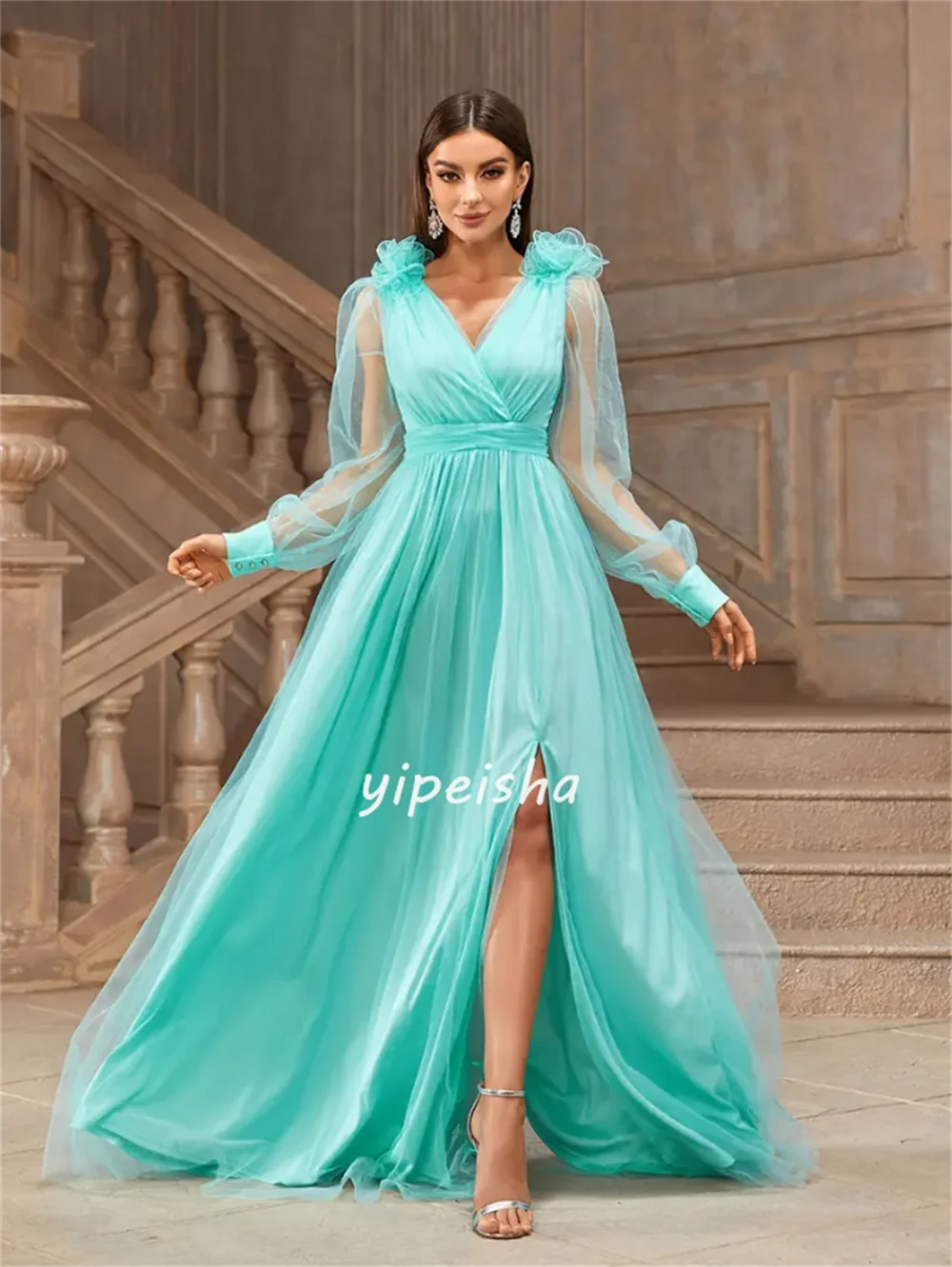 Jersey Handmade Flower Draped Prom A-line V-neck Bespoke Occasion Gown Long Dresses