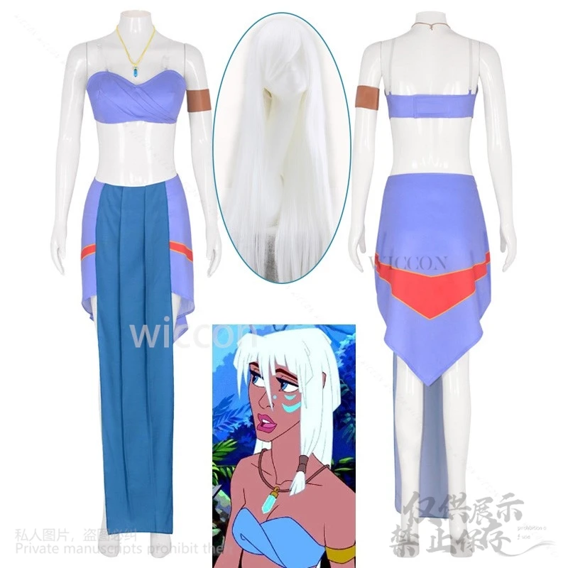 Anime Movie Atlantis Cosplay Halloween Princess Kida Costume Blue Dress Suits Girls Carnival Fancy Sexy Lolita Long Wigs Party