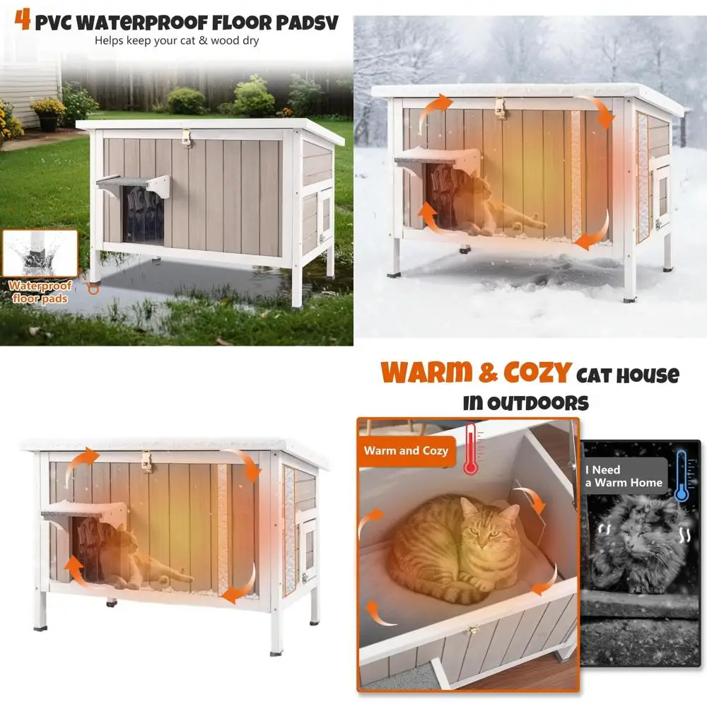 

Всепогодный утепленный кошачий домик из пенополистирола с двумя дверями, водонепроницаемой крышей и съемным основанием для использования на улице и в помещении