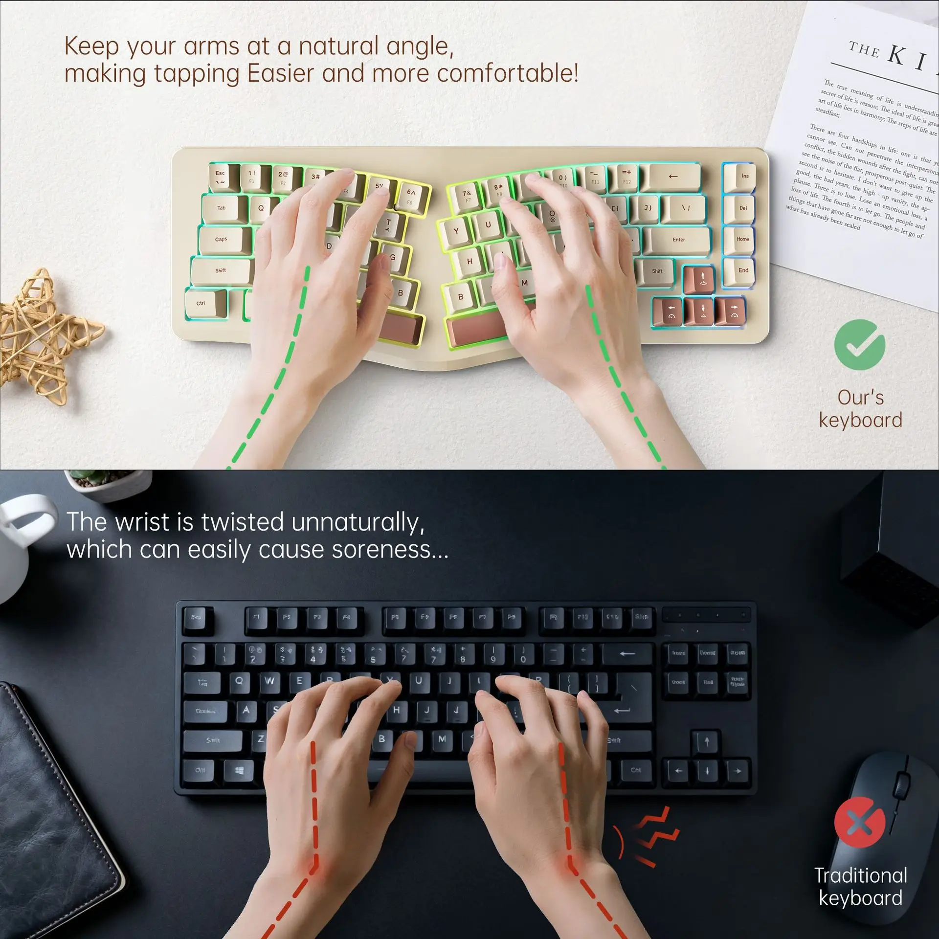 Wired illuminated gaming keyboard, color blocking, customized mechanical feel, ergonomic notebook, desktop writing keyboard