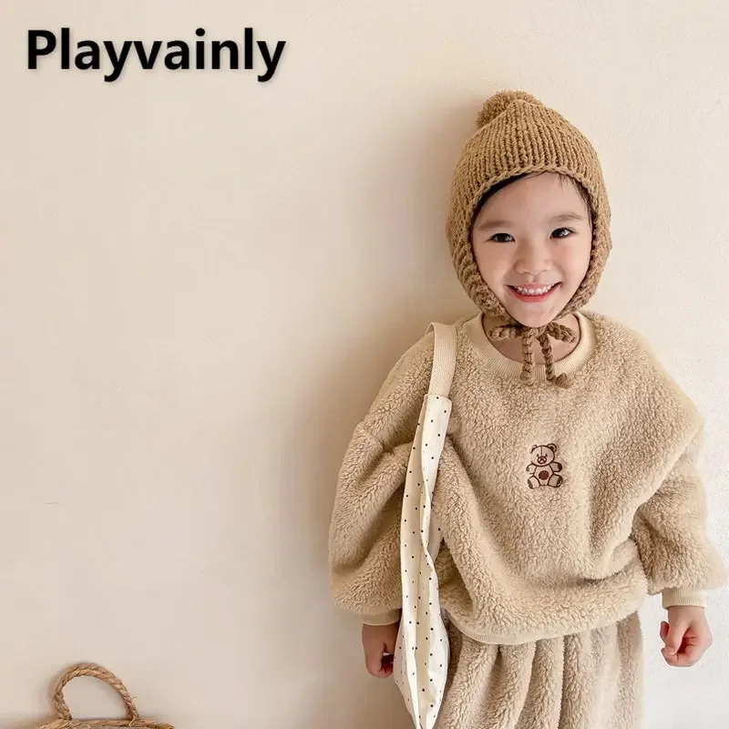 男の子と女の子のための韓国スタイルのベーバーフリーススウェットシャツとパンツのセット子供のための服秋と冬e21839