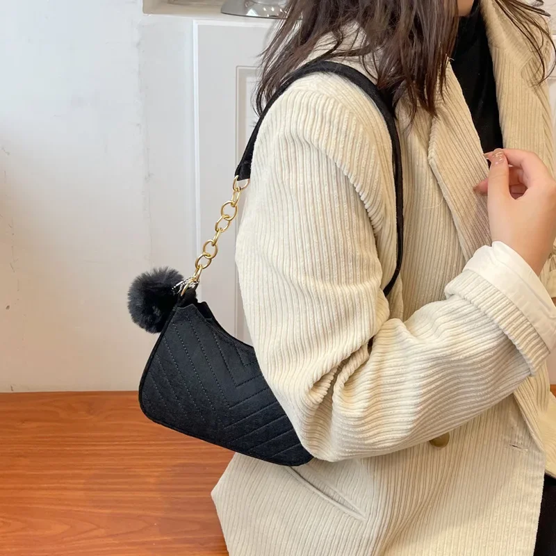 Women Felt Mini Shoulder Bag Underarm Bags with Plush Pendant Solid Color Casual Handbags Female Pouch Light Weigh Bag