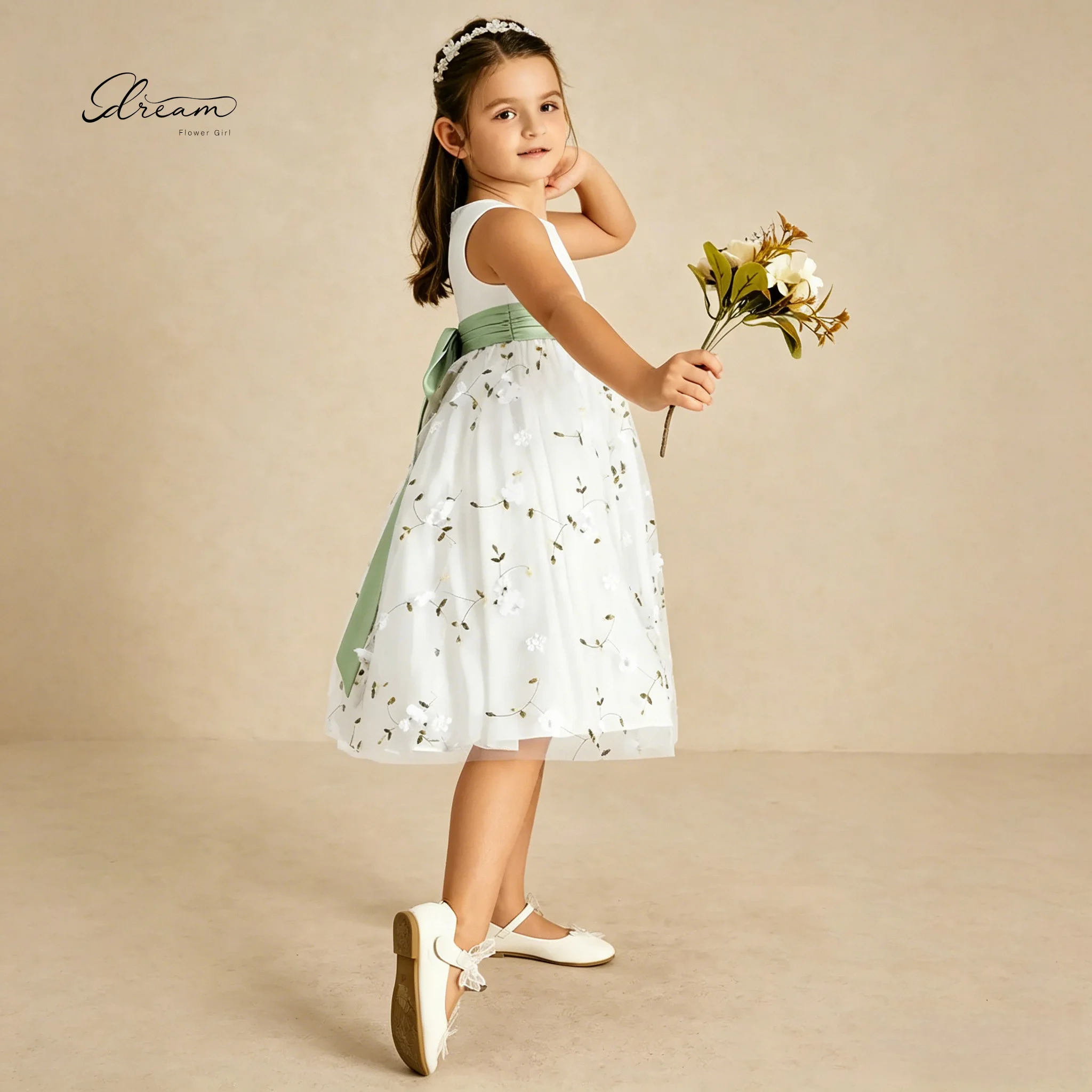 White Flower Brithday Formal Dress Girl Dress Sage Green Sash 3D Floral Embroidery Knee-Length Kids Wedding Party Gown Bow view 3