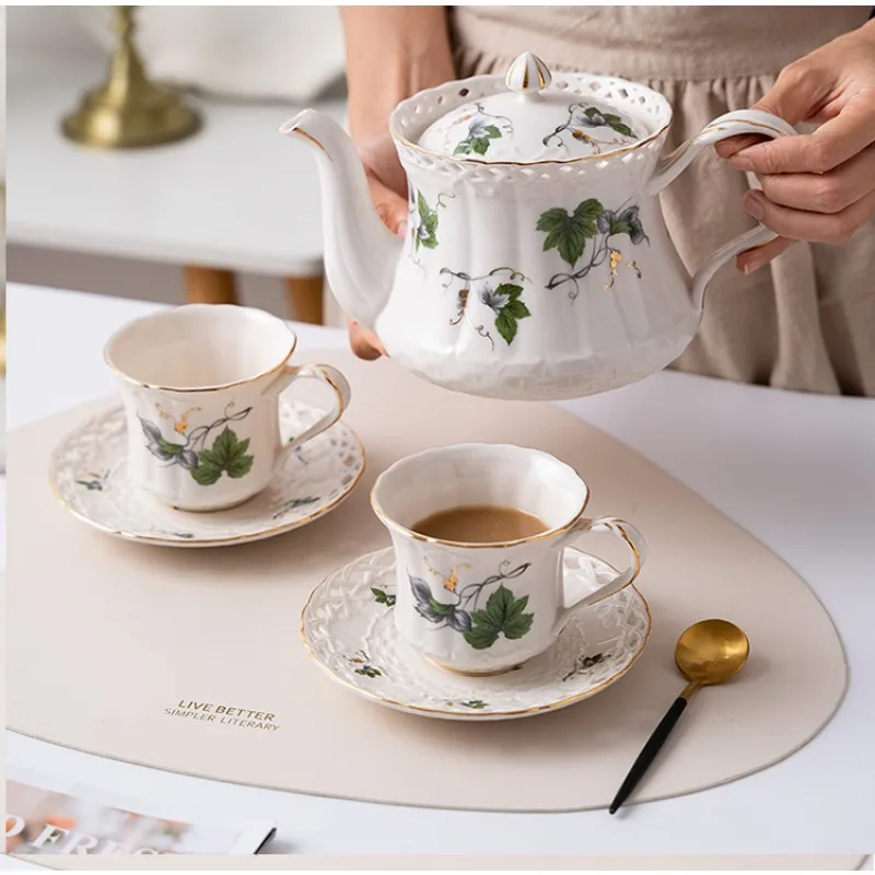 

French Hollowed Out Cup and Plate Creative Ceramic English Kettle Cup and Plate Set Afternoon Tea Cup and Plate Flower Tea Cup