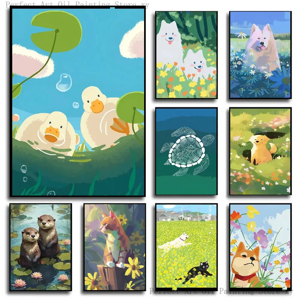 Happy Animals In Flowers Meadow Poster Self-adhesive Art Room Entrance Restaurant Wall Decor Art Painting