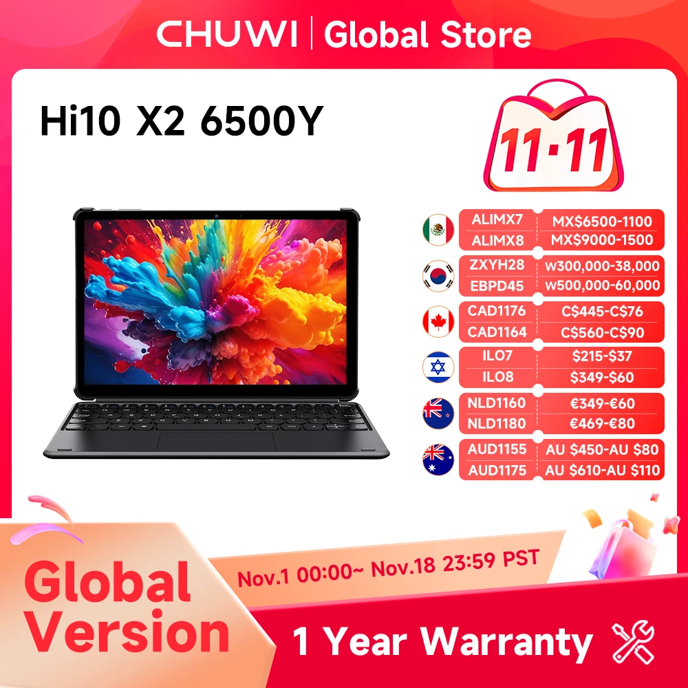 CHUWI Hi10 X2 2 In 1 Tablet 10.1inch Display Intel Pentium Gold 6500Y Processor LPDDR3 8GB RAM 256GB SSD Windows 11 Tablets PC