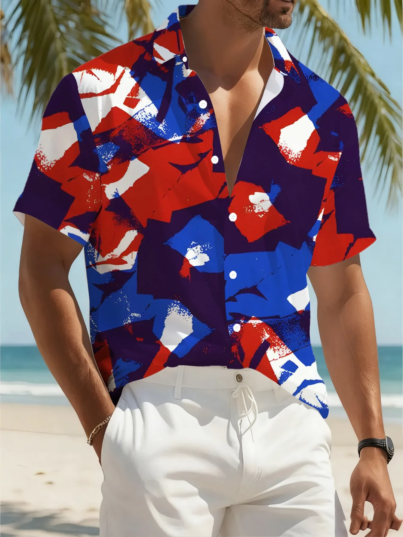Men's Short Sleeve Button Shirt Abstract Color Block Graffiti Print Casual Summer Vacation Hawaiian Mens Clothing