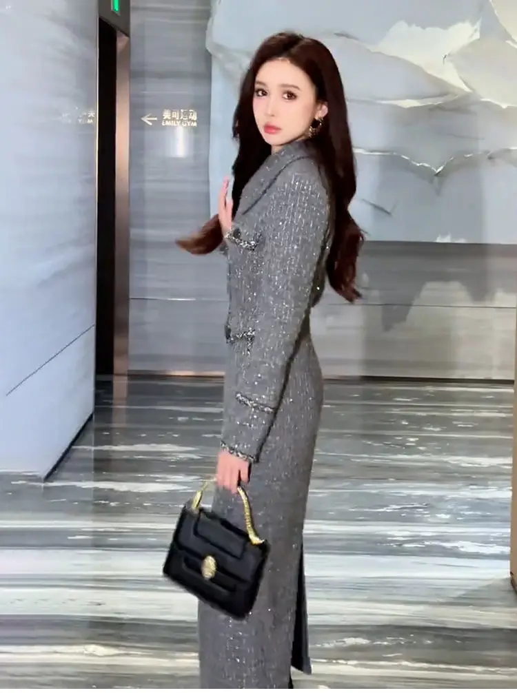 Gonna da pendolare da donna da ufficio di fascia alta in stile francese Set autunno sottile cappotto corto avvolgente gonna aderente all'anca set da due pezzi abiti da donna