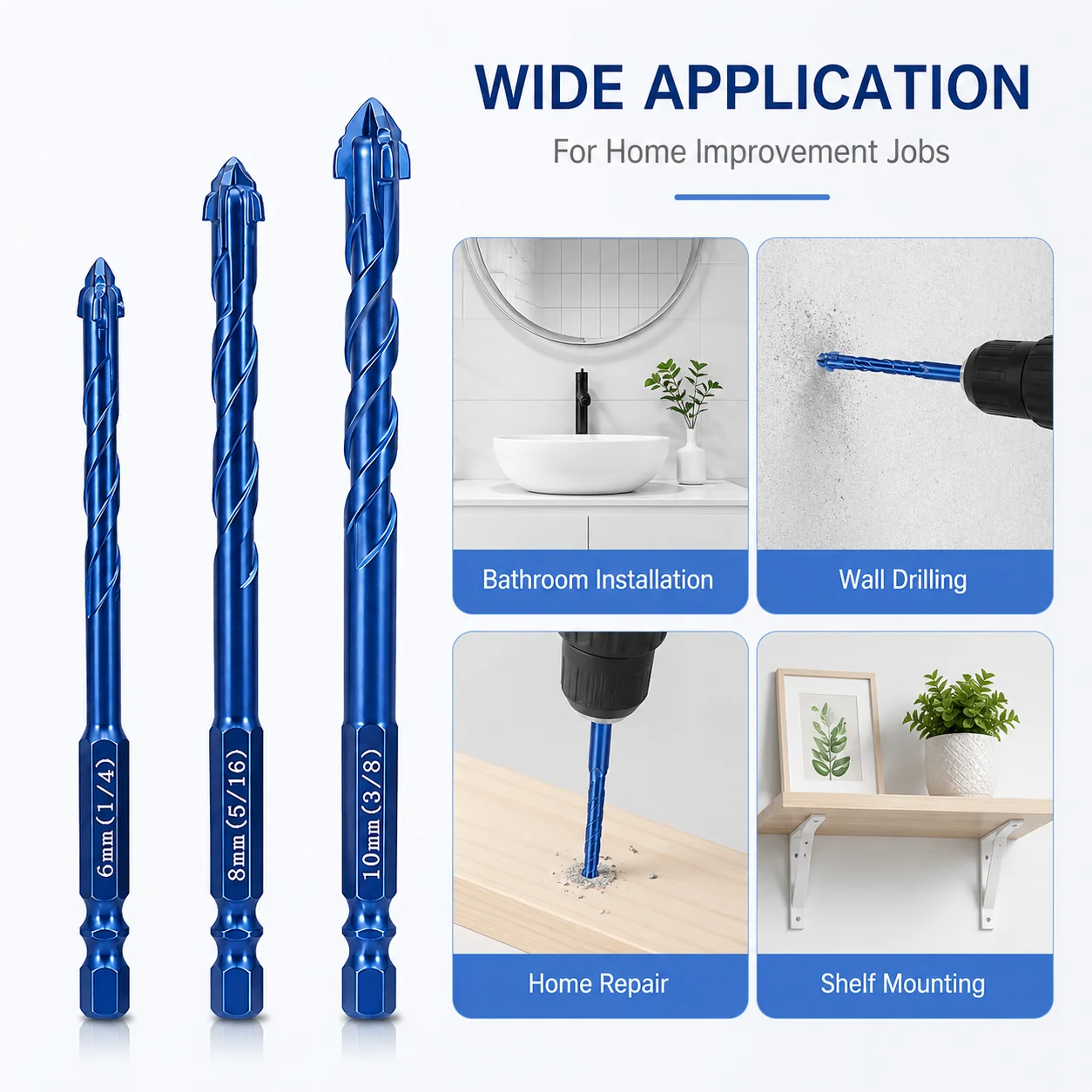 3Pcs Multi-Purpose Tile Drill Bits Set 6/8/10mm, Hex Shank Cross Spear Point Drill Bits for Tile, Glass, Brick, Wood Drilling