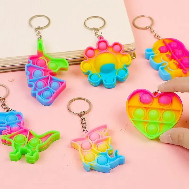 Mini Finger Press Bubble Rainbow Keychain Squeeze Novelty Toy Surprise Gift Child Prize Friend Birthday Wedding Guest Gift Favor