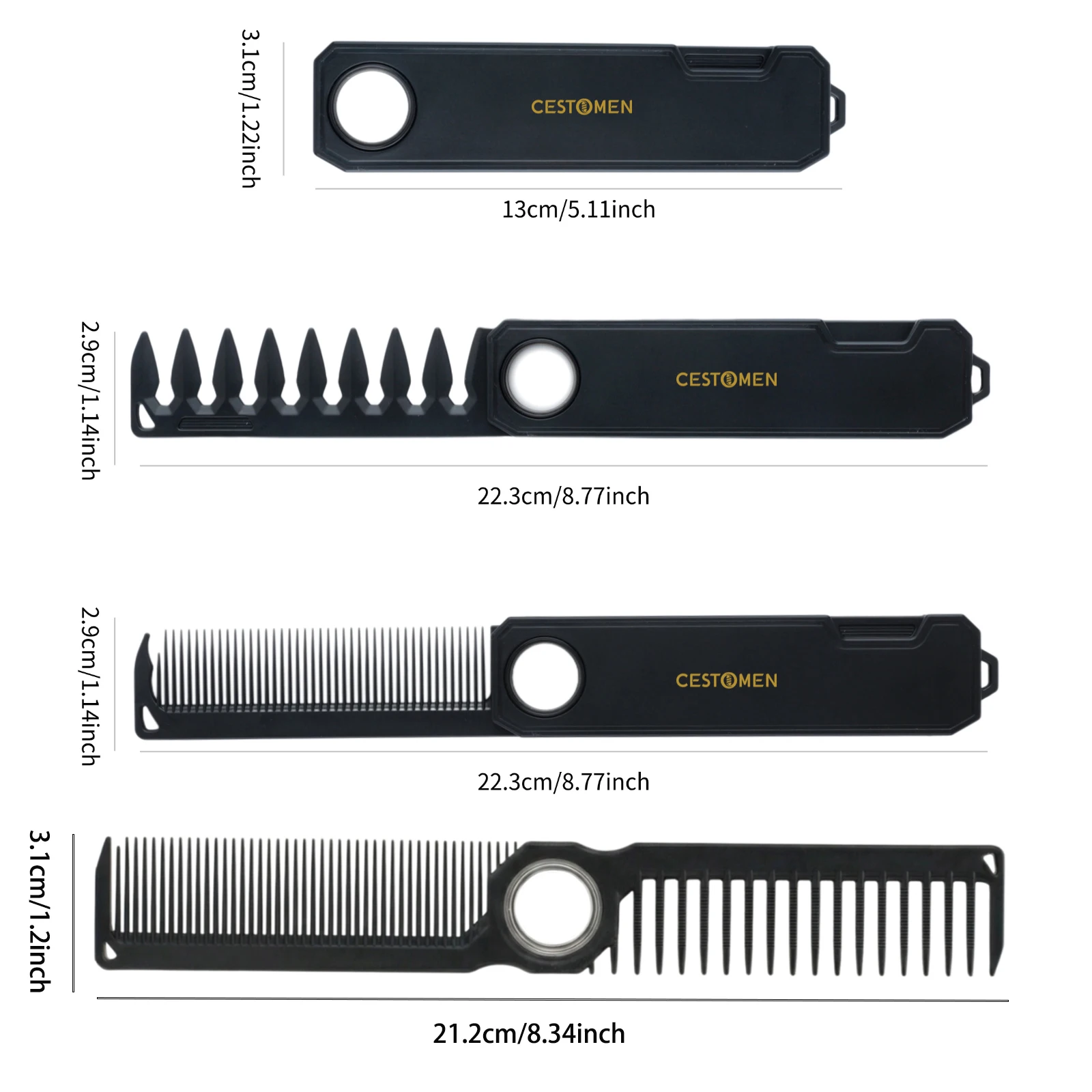 2Pcs 360°Barber Dual Spining Comb Wide and Fine Tooth Cutting Comb & Folding Pocket Comb Set, 2-in-1 Grooming Kit for Men