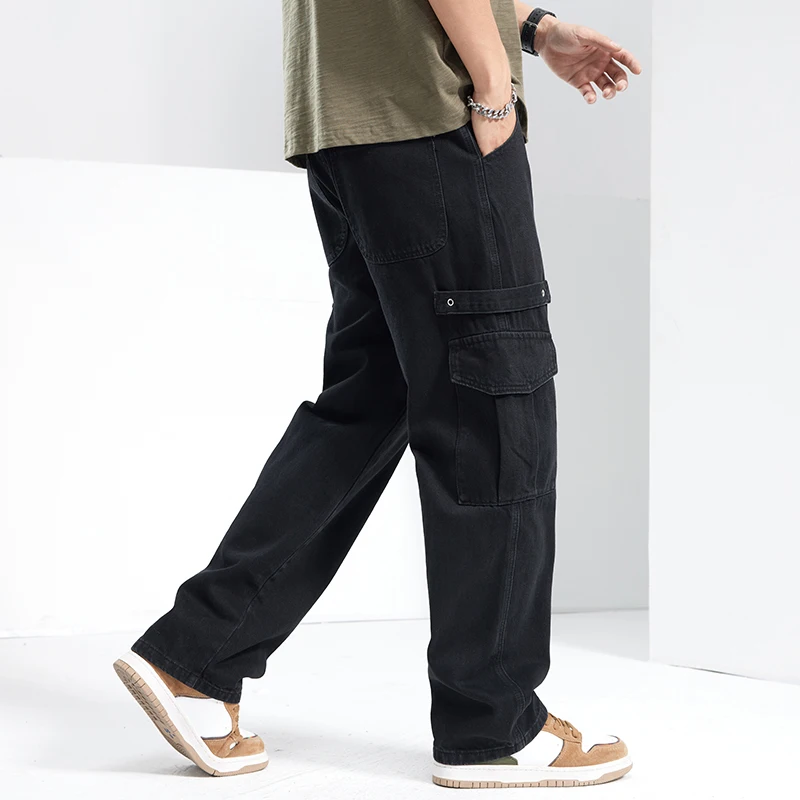 KSTUN ワイドレッグジーンズ男性だぶだぶのパンツカーゴパンツハイストリートマルチポケットブラックグレーメンズズボン全身大きいサイズ 40