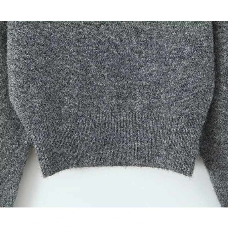 Suéter corto de manga larga para mujer, Jersey informal Sexy con cuello en V, color gris, moda de otoño e invierno