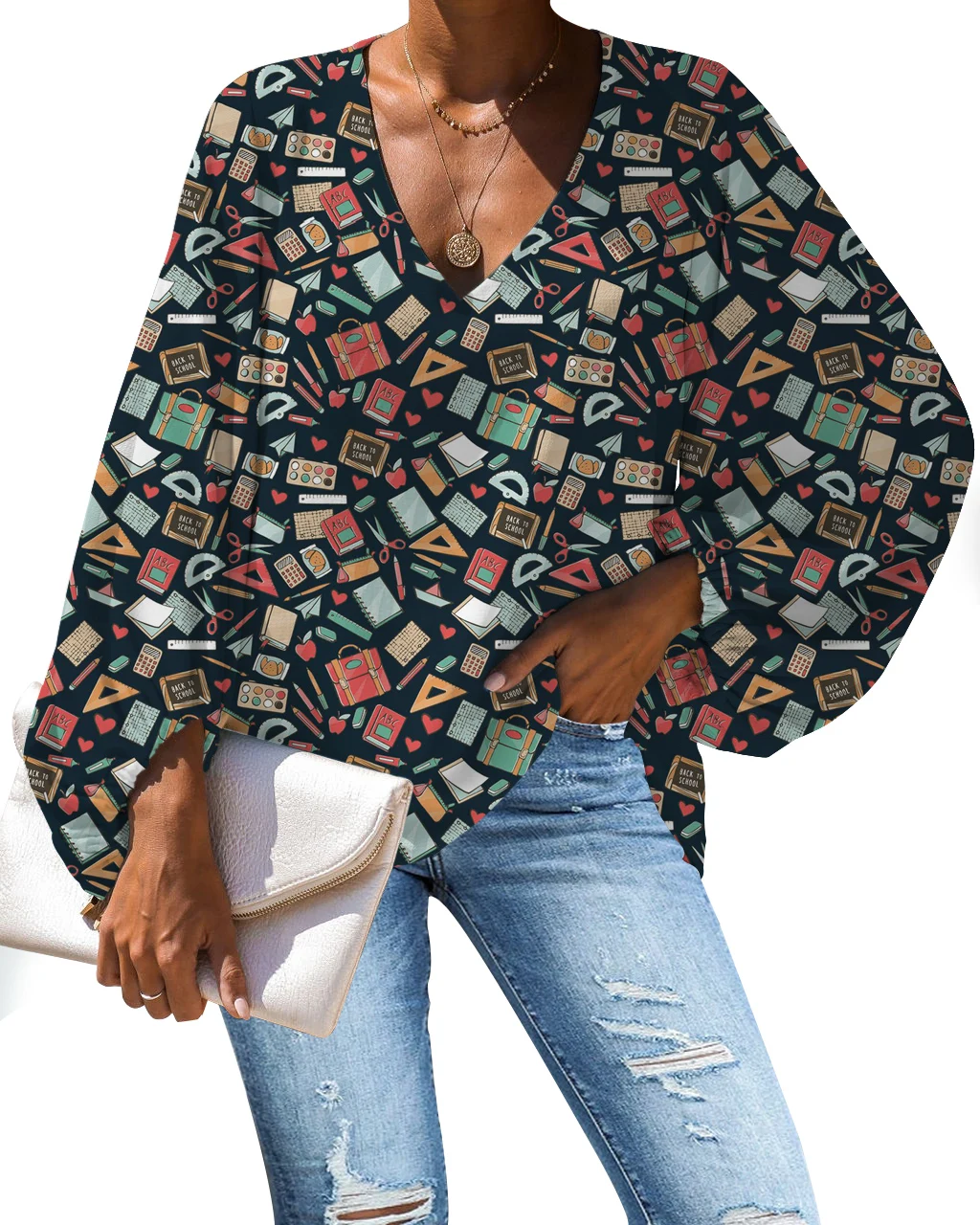 Math Pattern Chiffon Blouse Womens Summer 2023 Blusas Woman Casual Lantern Long Sleeve Loose Tops V-Neck Ladies Shirts & Blouses