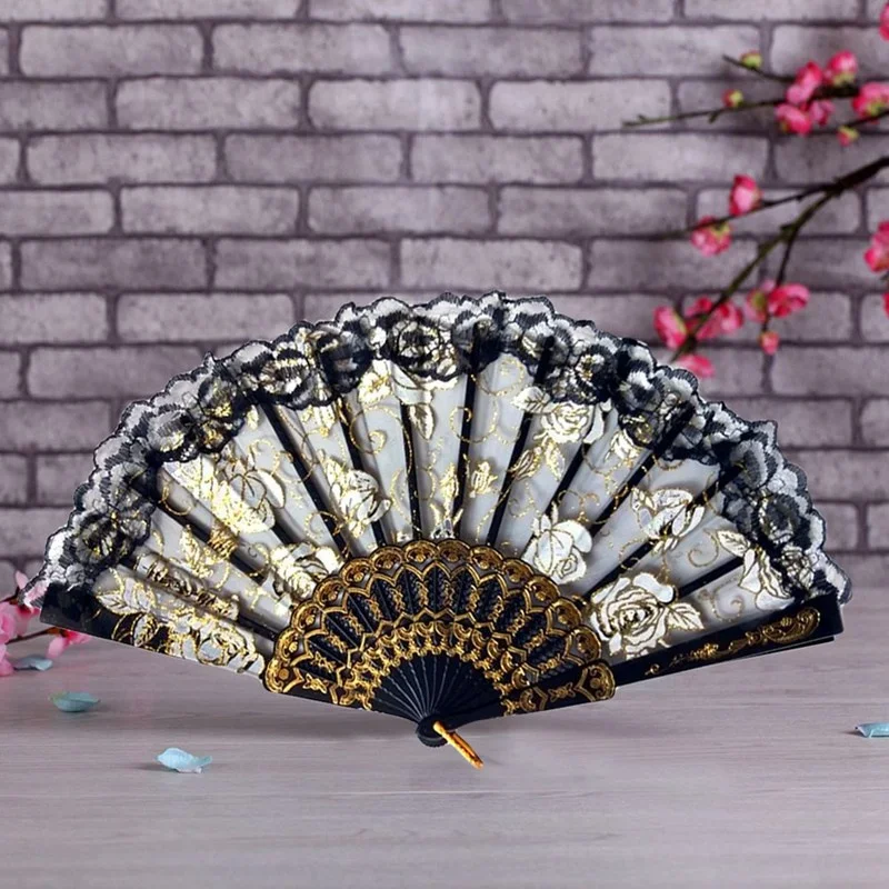 Rose Bloem Kant Fans Chinese Stijl Dance Wedding Party Bridal Hand Gypsy Vouwen Decoratie