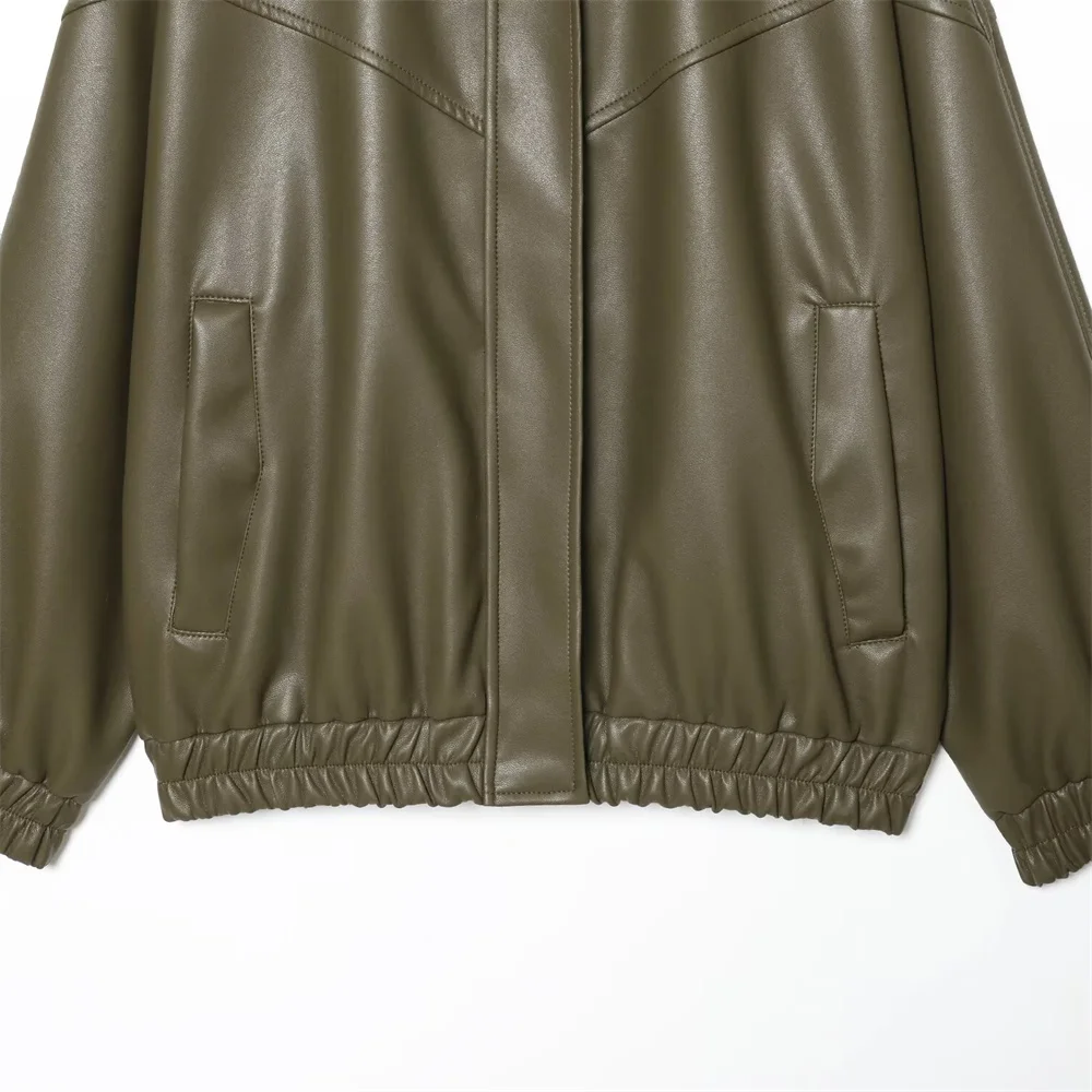 겨울 신상 여성 패션 심플하고 캐주얼한 긴 소매 스탠드업 칼라 인조 가죽 파일럿 지퍼 재킷 코트