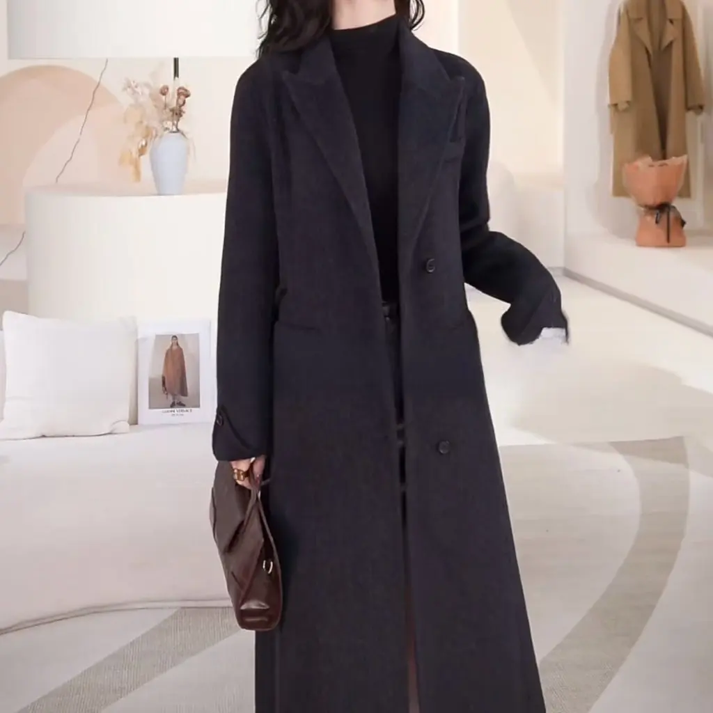 

Women's Double-Sided Sheep Wool Outwear Classy Handmade Mid-Length Elegant Slim Fit Autumn Winter Fashion Outerwear