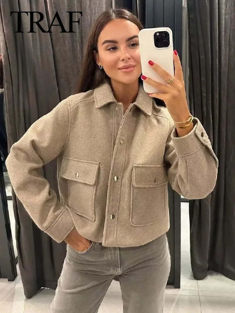 TRAF 2024 Women Fashion Elegant Khaki Long Sleeve Slim Cropped Coat Female Casual Loose Chic Tops With Buttons Pocket Streetwear