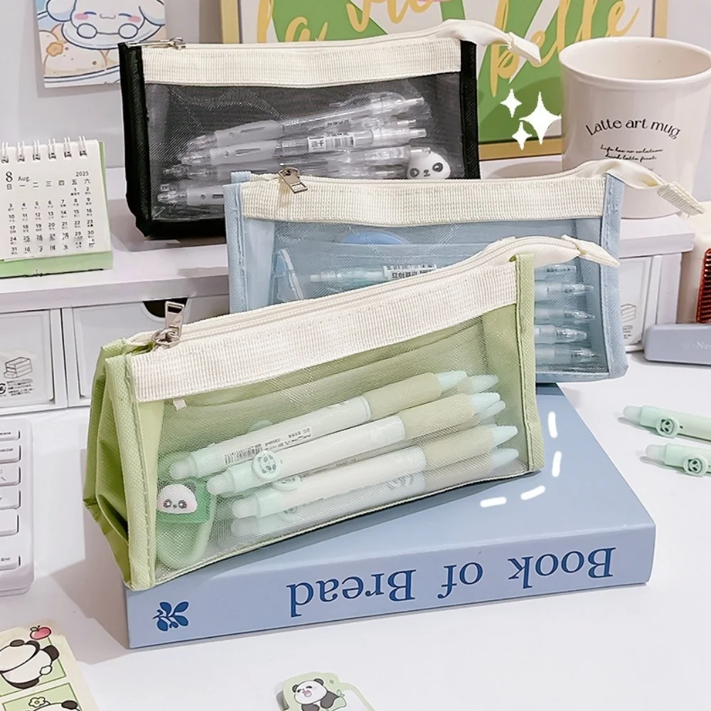 Pastel Color Block Transparent Mesh Pencil Bag Multi-Layer Large Capacity Pen Pouch for School And Office Supplies F7955