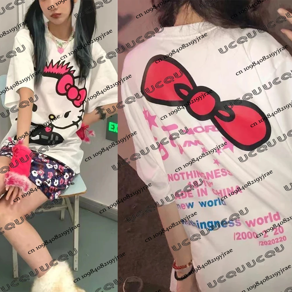 

Sanrio Kawaii футболка «Hello Kitty» с героями мультфильмов, милый свободный топ с короткими рукавами, студенческая повседневная модная персонализированная одежда для пар в стиле аниме