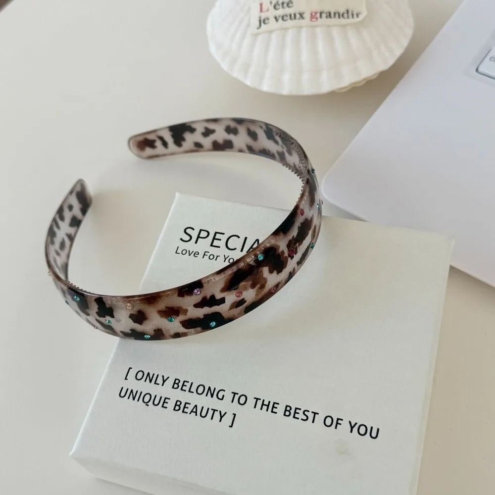 Colorful Acrylic Rhinestone Headbands Leopard Print Non-slip Wide Hair Hoops Shiny Glossy Resin Hair Accessories Makeup Wear