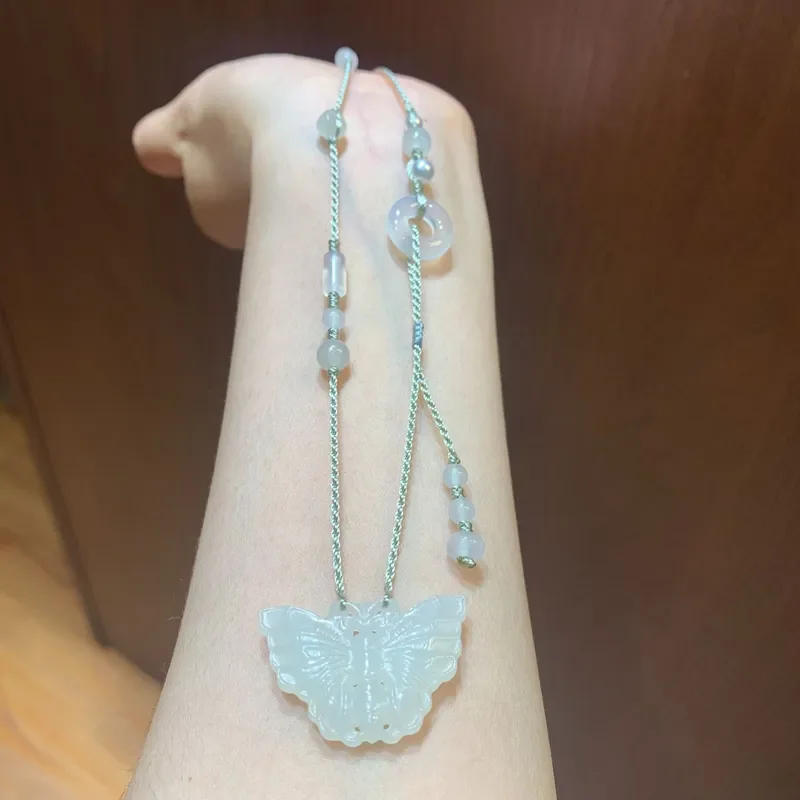 Hetian jade necklace butterfly handmade braided rope with Hetian jade accessories niche Mori small fresh neck chain