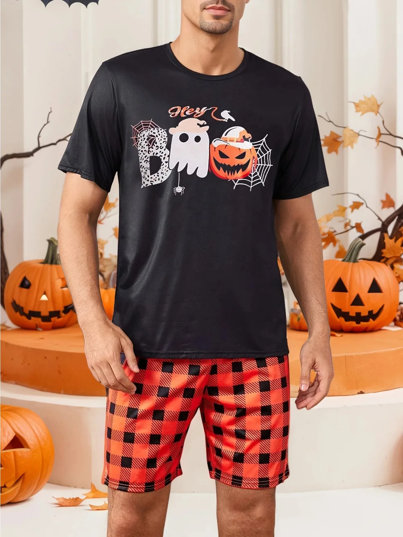 

【Хэллоуин 】 Мужской комплект домашней одежды с короткими рукавами и шортами с принтом Хэллоуина