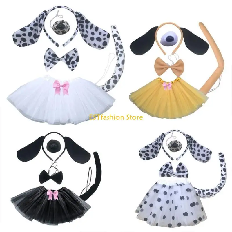Y5GC 4/5 Pcs Dog Costumes for Girls Boys Cosplay Dog Ears Headband Tail Bow Tutu Tail Animal Fancy Costume Accessories