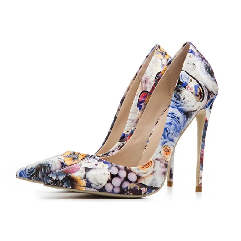 

Woman High Heels Flower Printed Leather Dress Heels Wedding 12 CM High Heeled Shoes Party Pointed Toe Sexy Floral Pumps