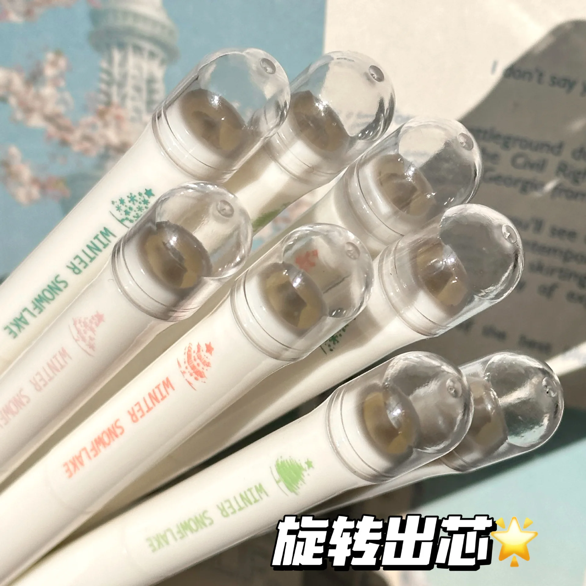 4 Packs of Snowflake Fairy Sticks Rotate Out of The Core, High Value Ins Wind Student Exam Brush Pen, Black 0.5 Neutral Pen