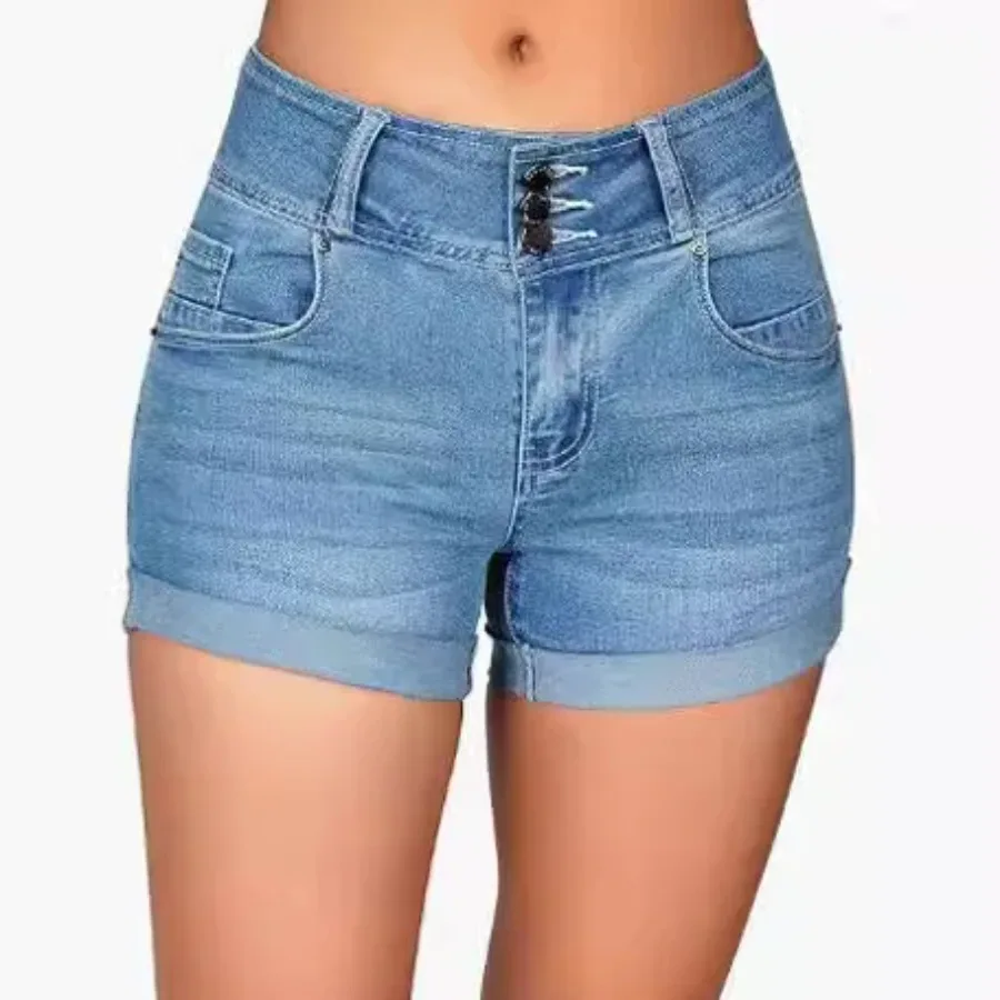 Jean Shorts Women Denim Washed High Waist Cuffs Jeans Spliced Button Solid Pockets Sexy Skinny Vintage 2024 Basics Slim Fit