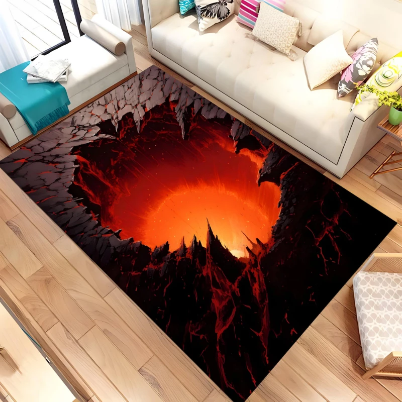 3D Visual Illusion Molten Running Entrance Carpet Flame Molten Rock Running Carpet for Kitchen Mat Exciting Abstract Decorative