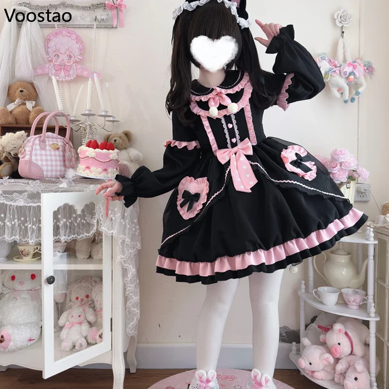 Vestido Kawaii Lolita OP para mujer, dulce lazo con volantes, conejito de dibujos animados, Mini vestidos de fiesta de manga larga, vestido de princesa gótico japonés para niñas