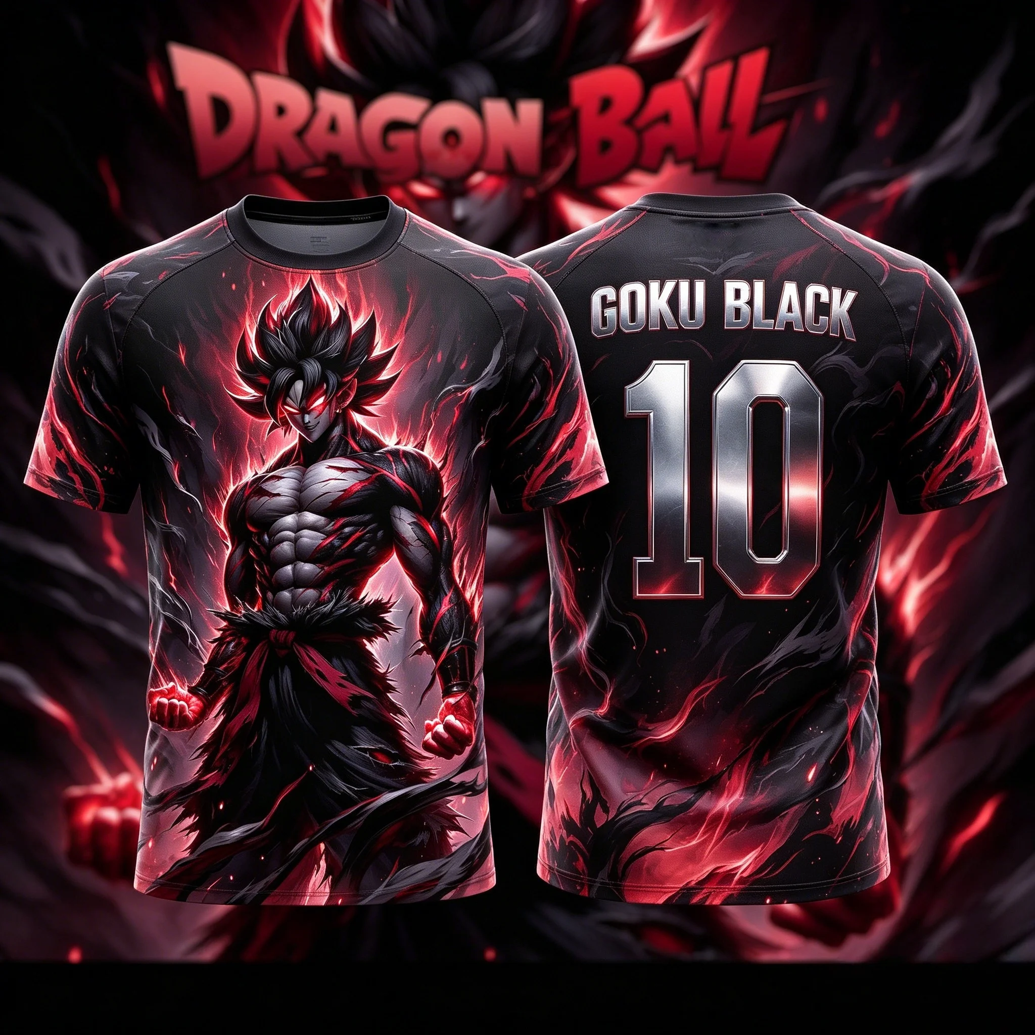 Dragon Ball Goku Black No10 Red Flame Aura Print Herren-Fußballtrikot, schnell trocknend, Anime-Fan, atmungsaktives Sport-T-Shirt