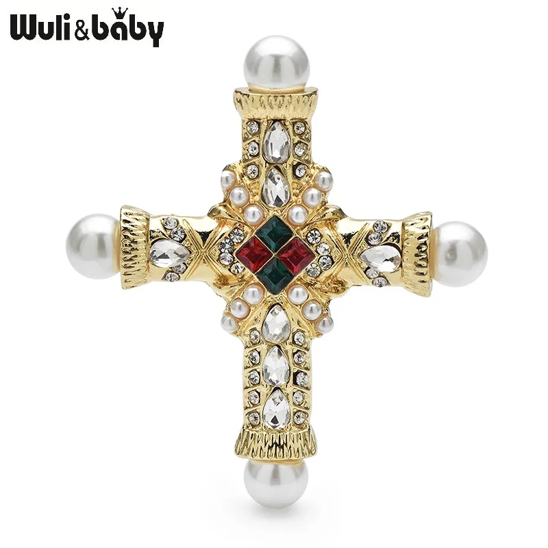 Wuli&baby Palace Style Cross Brooches For Women Men Pearl Rhinestone Baroque Cross Party Casual Brooch Pins Gifts