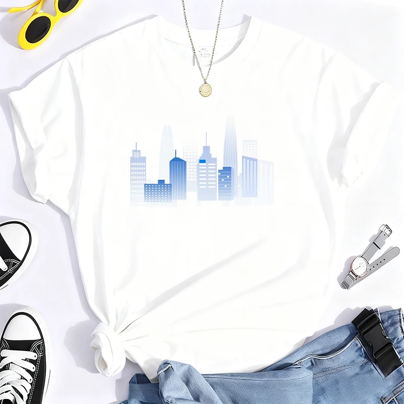 تي شيرت 100% من القطن الخالص مطبوع عليه بناء المدينة برقبة دائرية، قميص كاجوال بأكمام قصيرة كل يوم لجميع المواسم، ملابس نسائية