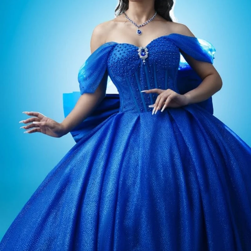 

Customized Shiny dark blue Quinceanera Dresses Off the Shoulder crystal applique Beadwork Bow Long tail Vestido 15 Quinceanera