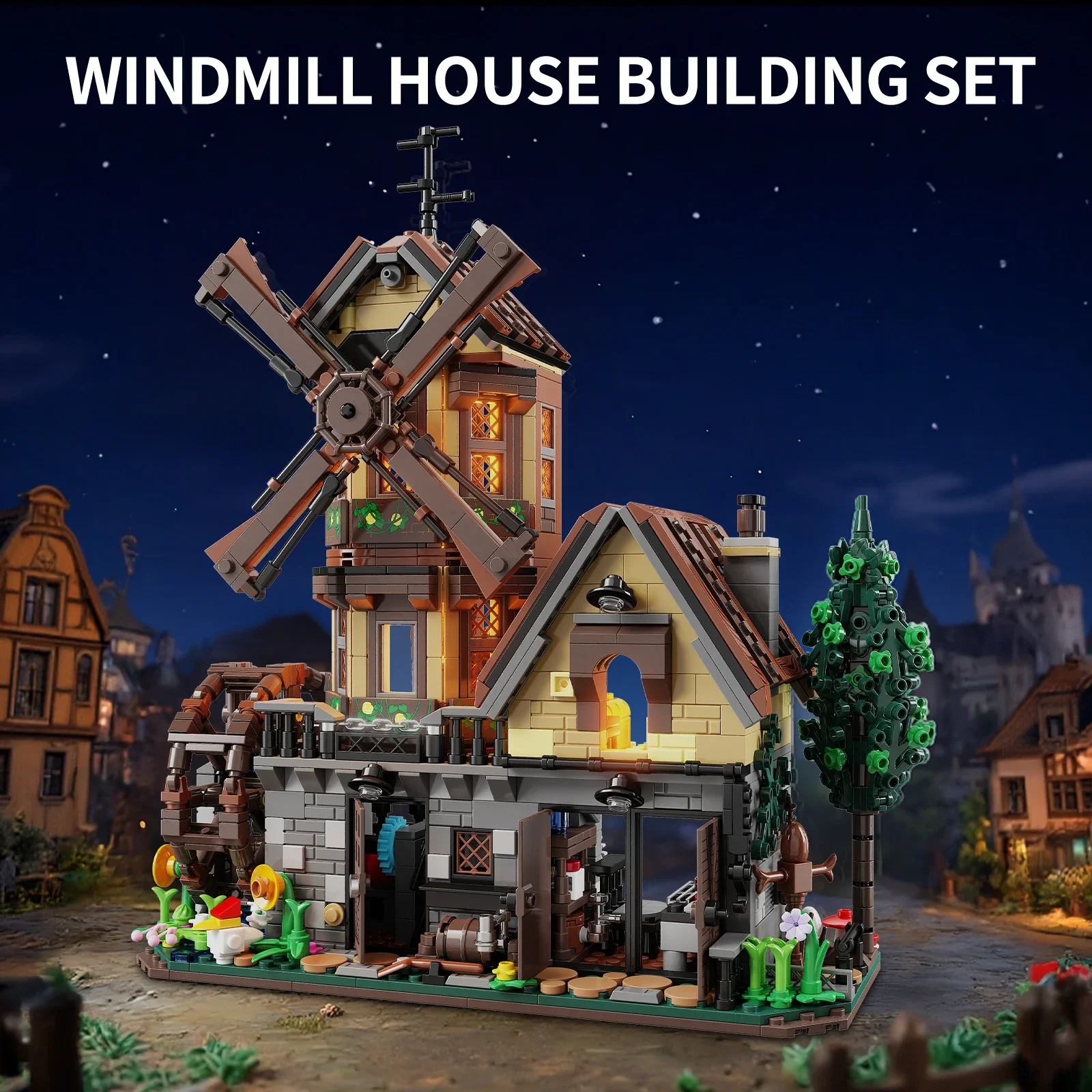 1436PCS Farm House Building Blocks Medieval Village Windmill Cottage Architectural Model with LED Toys Kids Gift Home Decortion