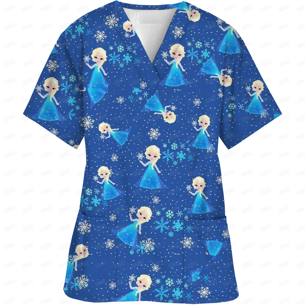 Disney Ariel Snow White Princess Top With V-neck Print Scrub Uniform Nurse Scrub Tops For Women Short Sleeve Blouse Healthcare