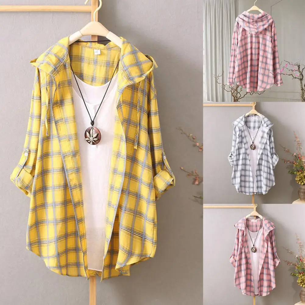 Thin Coat Chic Anti-UV Women Cardigan Casual Loose Plaid Print Beach Cardigan Female Clothing