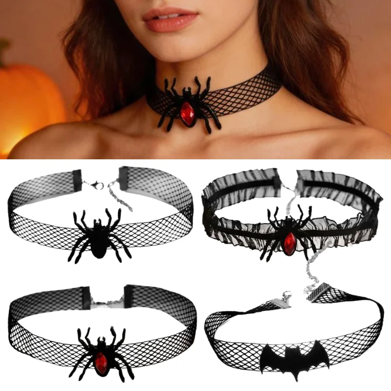 Halloween Spider Bat Choker Necklace Black Mesh Lace Gothic Neck Collar For Women Cosplay Party Costume Jewelry Collar 목걸이