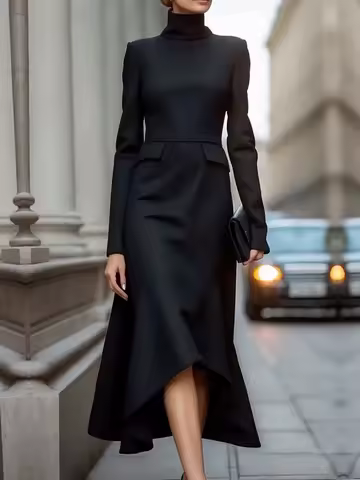 2025 New Spring Long Sleeves High Neck Elegant Evening Black Dress Female Slim Fit Maxi Dress Commuter Dress For Office Ladies